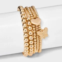 Butterfly And Heart Charm Stretch Bracelet Set 5pc - Wild Fable⢠Gold