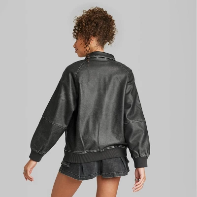 Women's Distressed Faux Leather Bomber Jacket - Wild Fable™ Black - Image 2
