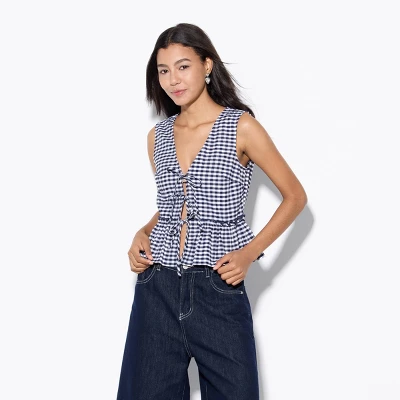Women's Tie-Front Ruffle Vest - Wild Fable™ Navy Blue Gingham - Image 3