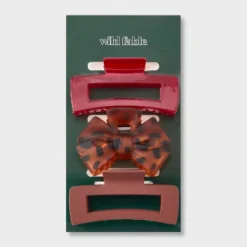 Rectangle And Bow Claw Hair Clip Set 3pc - Wild Fable™ Red/Orange