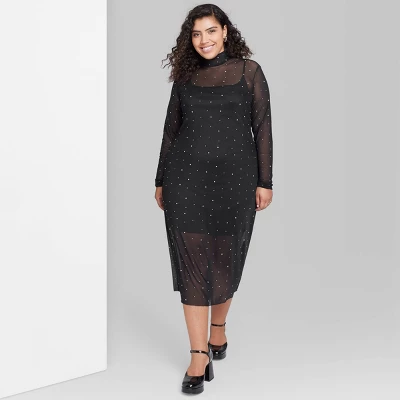 Women's Long Sleeve Rhinestone Mesh Midi Dress - Wild Fable™ Black - Image 4