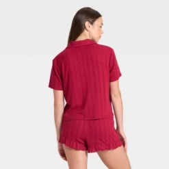 Women's Pointelle Notch Collar Shirt And Shorts Pajama Set - Wild Fableā¢