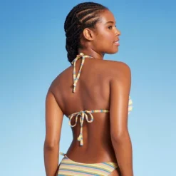 Women's Ribbed Triangle Bikini Top - Wild Fable⢠Blue/Green/Pink Striped